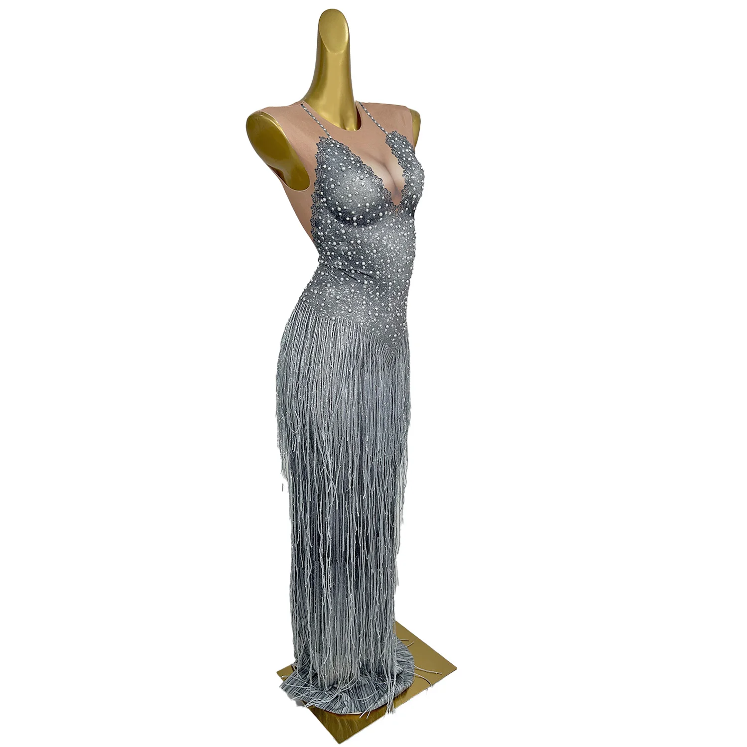 Sexy Women Crystals Tassels Bodycon Long Dresses Birthday Party Elastic Skinny Package Dress Singer Stage Costumes Diaodaixuxu