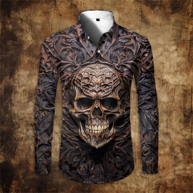 2024 Men\'s Skull Long Sleeve Shirt 3d Print Men\'s Shirt Autumn Fashion Long Sleeve High Quality Clothing Street Designer Tops