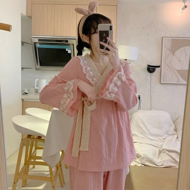 Japanese Kimono Pajamas Women\'s Spring Autumn Loungewear Suit Lace V-neck Sweet Princess Outerwear Home Clothing 2-piece Set