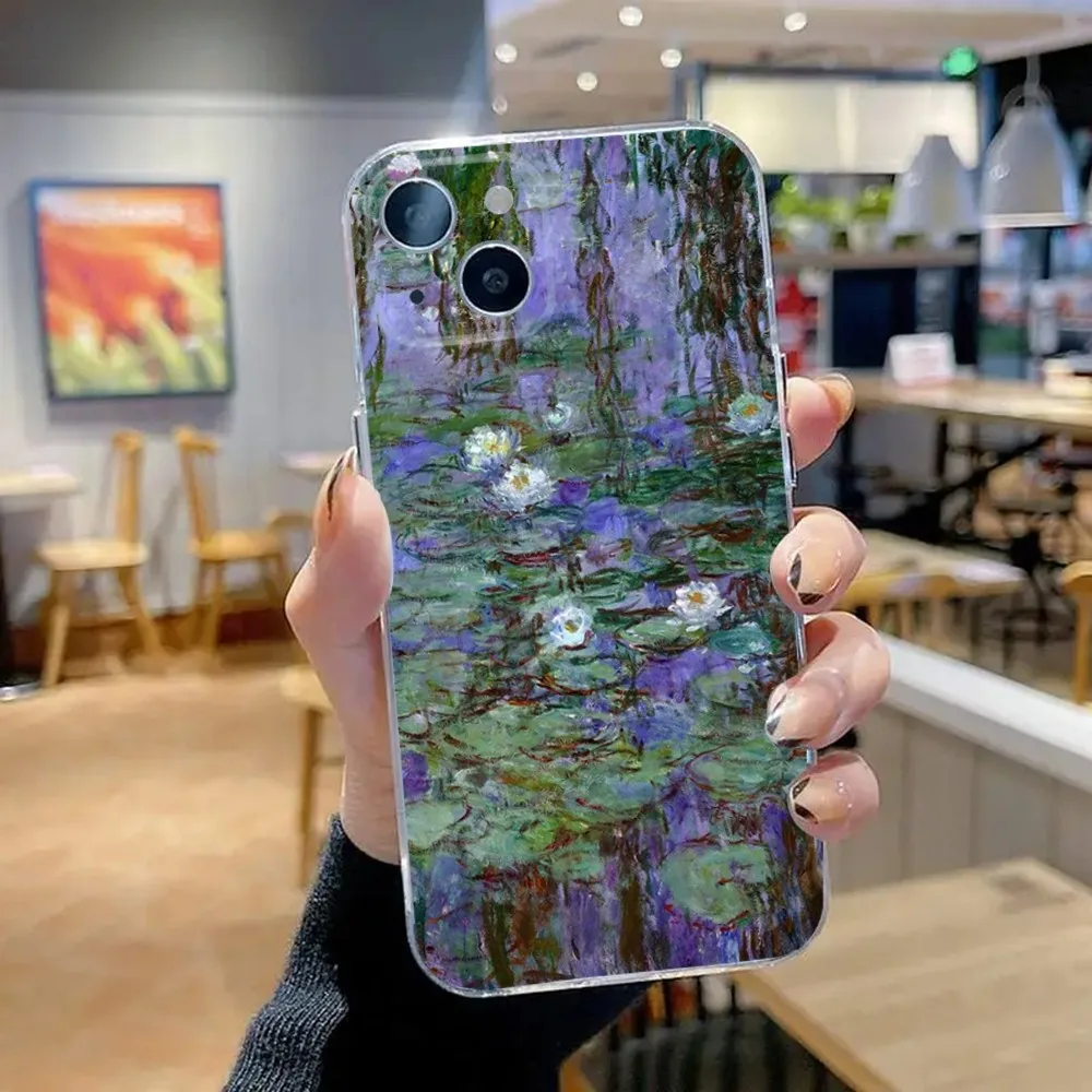 حافظة هاتف كلود مونيه مطلية بالزيت لهاتف آيفون 16,15,14,13,12,11 Plus,Pro,Max,XR,XS,X,7,8 SE,سيليكون شفاف صغير ناعم