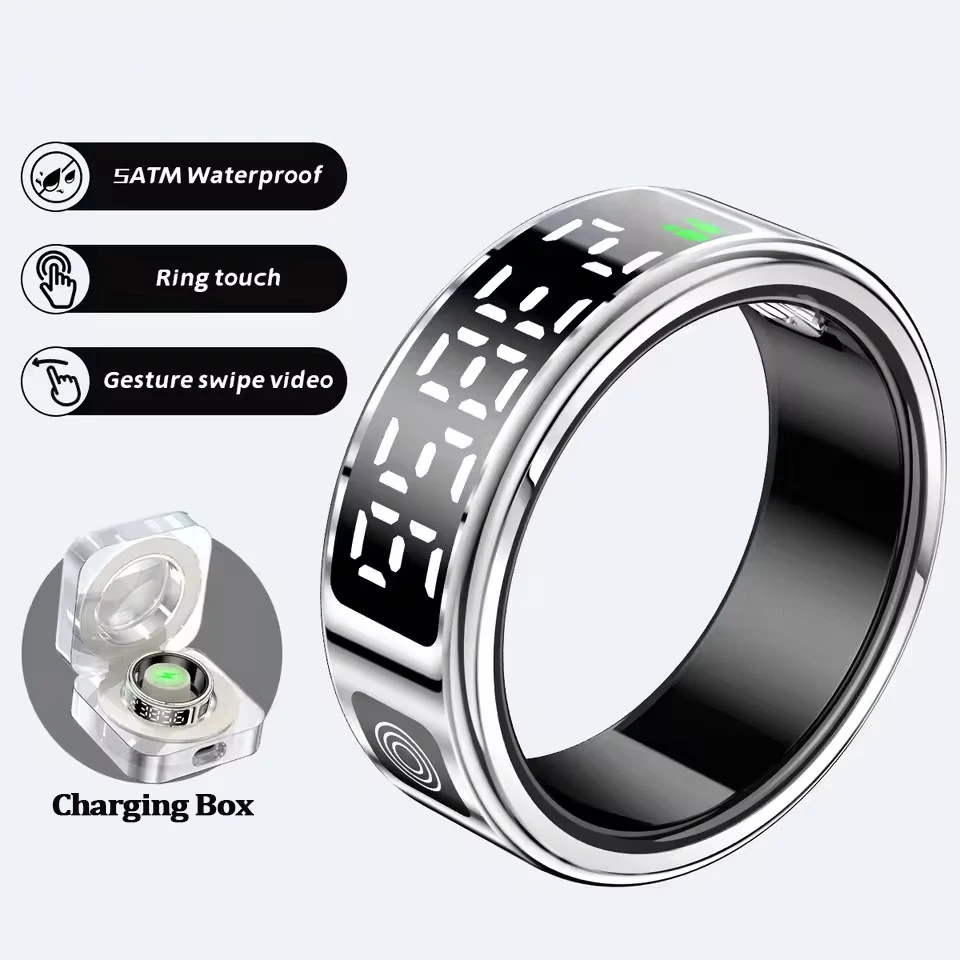 2026 Smart Ring mit Display und Touch-Funktion, kabelloses Laden, Gesundheitsmanager, 5 ATM wasserdicht für Herren und Damen Ringe R12 R11