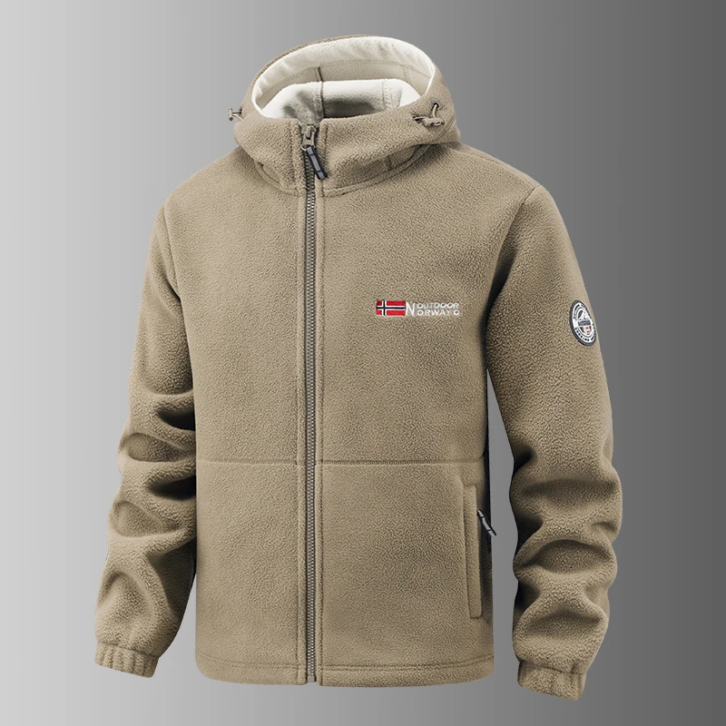 معطف رجالي من الصوف لعام 2025 سميك دافئ مقاوم للرياح فضفاض بياقة خارجية من الصوف مع قلنسوة سترة نرويجية مطبوعة جندي جيد