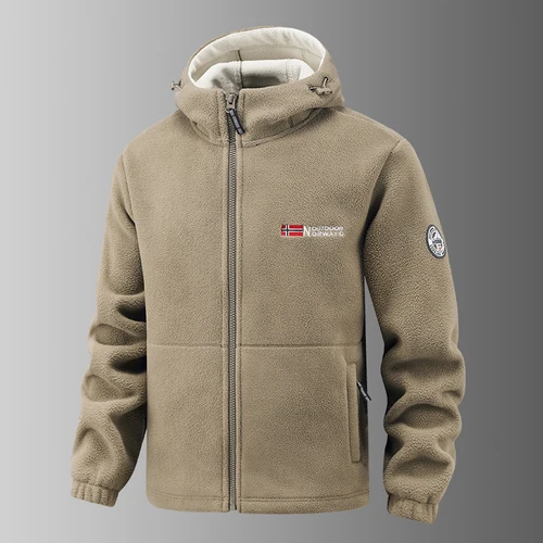 Imagen 2 del producto 2025 Abrigo de lana para hombre, chaqueta gruesa cálida a prueba de viento con cuello suelto para exteriores, chaqueta con capucha de lana con estampado noruego, buen soldado