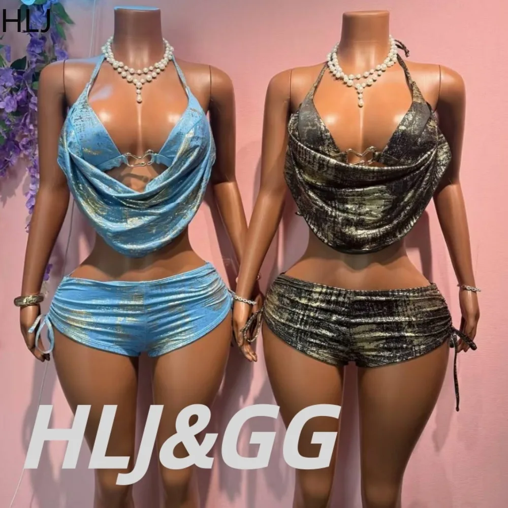 HLJ 2026 New Fashionable Solid Sexy Gold-Embossed Off  Shoulder Two-Piece Halter Sexy Backless Swimsuit Bikini Set with Shorts