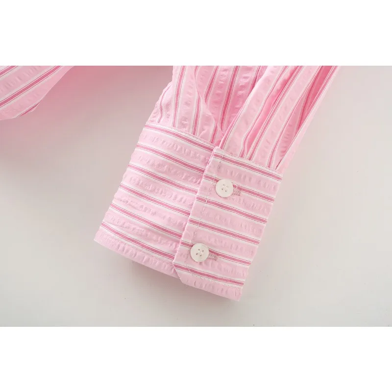 قميص نسائي مخطط وردي بأكمام طويلة فضفاض مناسب للعمل المكتبي ملابس يومية غير رسمية للربيع والصيف بلوزة مريحة