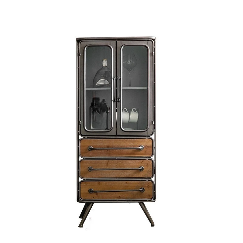 

Magic art American retro industrial style wrought iron wall locker solid wood tall and short bucket cabinet living room hotel