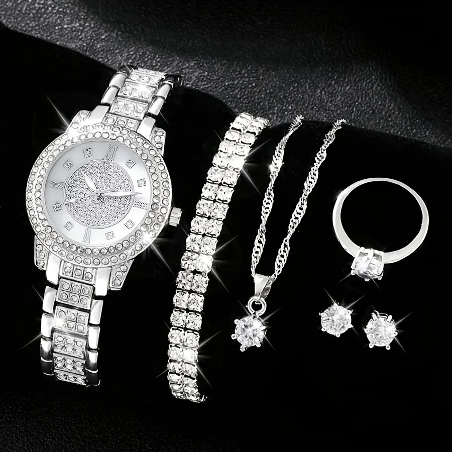 Women\'s Watch Luxury Rhinestone Quartz Watch Rome Fashion Analog Wrist Watch & 6pcs Jewelry Set, Gift For Mom Her