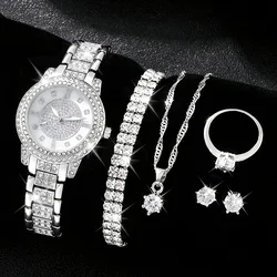 Women's Watch Luxury Rhinestone Quartz Watch Rome Fashion Analog Wrist Watch & 6pcs Jewelry Set, Gift For Mom Her