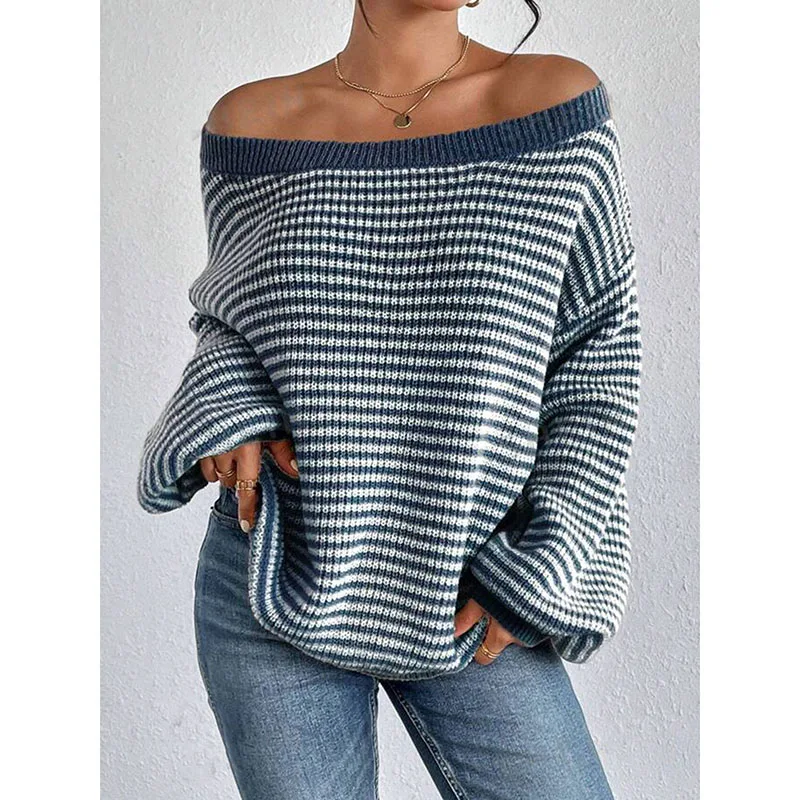 New arrivals for autumn and winter: Women's tops. One-shoulder striped off-the-shoulder knitwear. Drop shoulder sleeves. Lazy an
