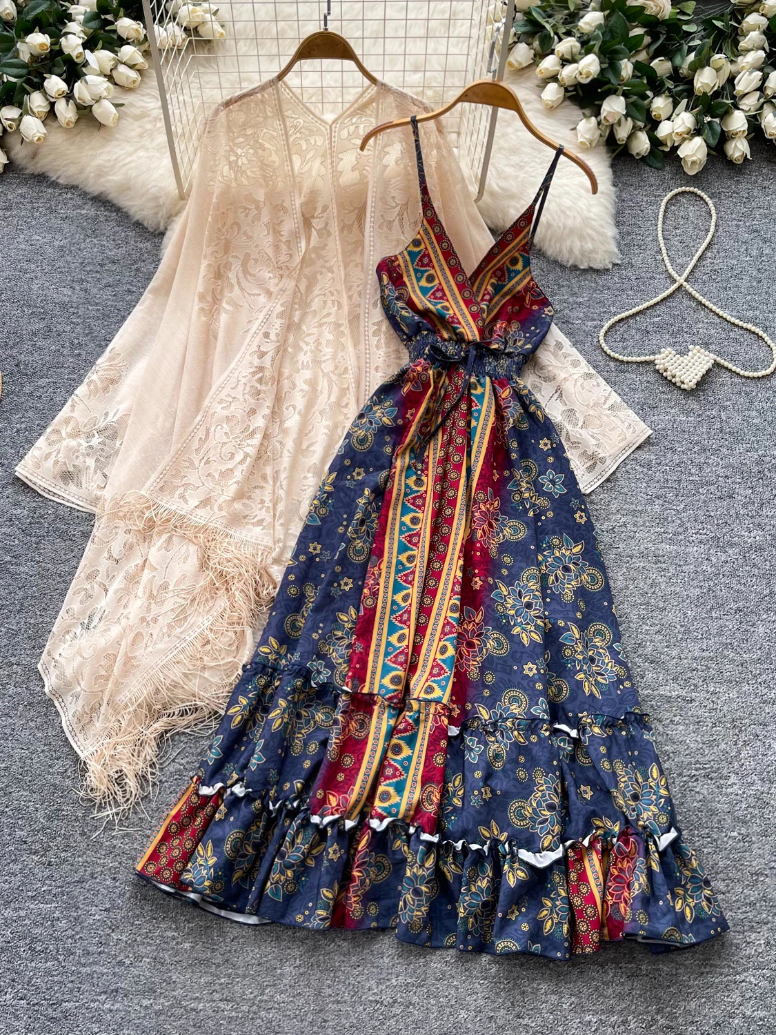 Bohemian Print Maxi Dress Women's Loose Outerwear Autumn Two-Piece Set Holiday Outfit Skirt Casual Commute Style Long Sleeve