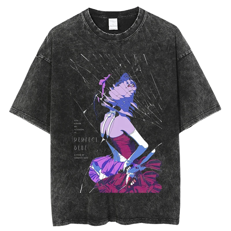 Japanese Anime Vintage Washed Perfect Blue T Shirt Summer Men Women Oversize Casual O-Neck Cotton Short Sleeve  T Shirt