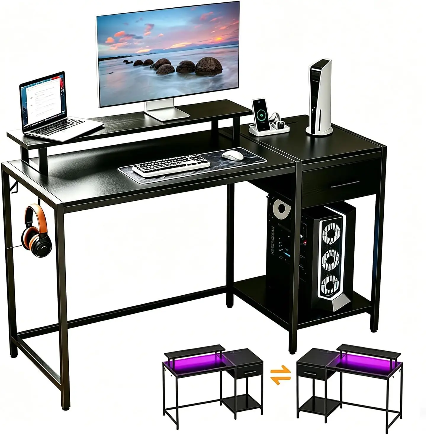 

Gaming Desk with LED Lights & Power Outlet, 47 inch Computer Desk with Drawers,Black Gamer Desk with
