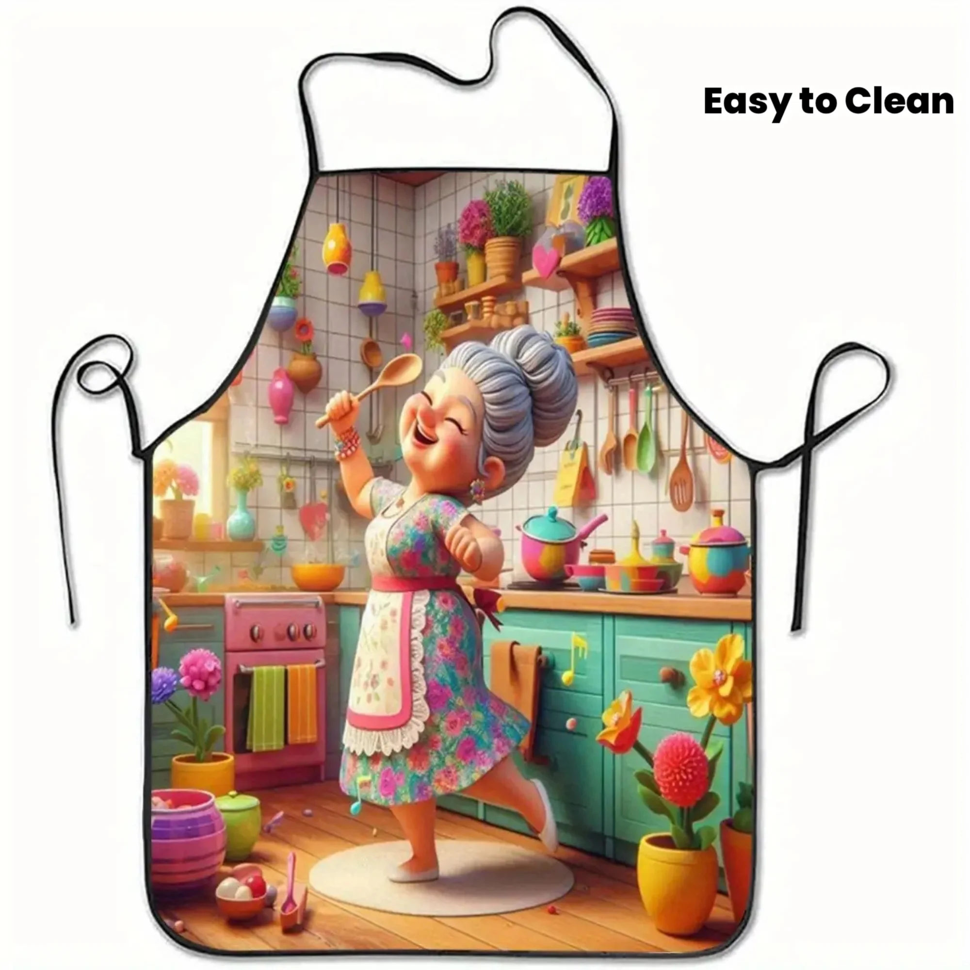 Happy Grandma Cooking Apron Joyful Floral Dress Print Kitchen Apron 52x72cm Lightweight Easy Clean for Baking Cleaning