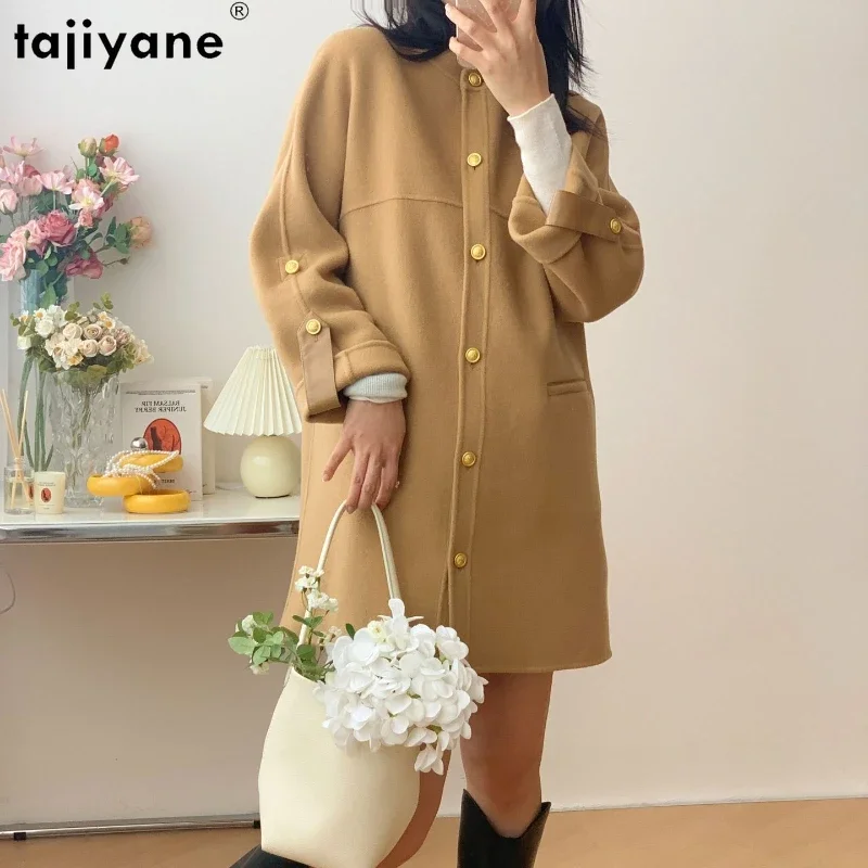 

Tajiyane 100% Wool Jackets for Women 2023 Autumn Winter Chic Mid-length Double-sided Wool Coat Round-neck Outerwears Jaquetas