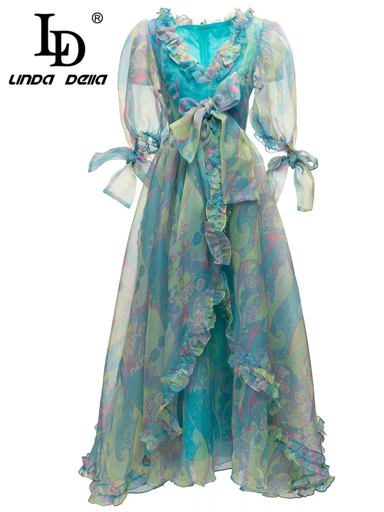 

LD LINDA DELLA Summer Fashion Designer Casual Dress Women's V-Neck Crumple Bow High Waist Print Dissymmetry Long Dress