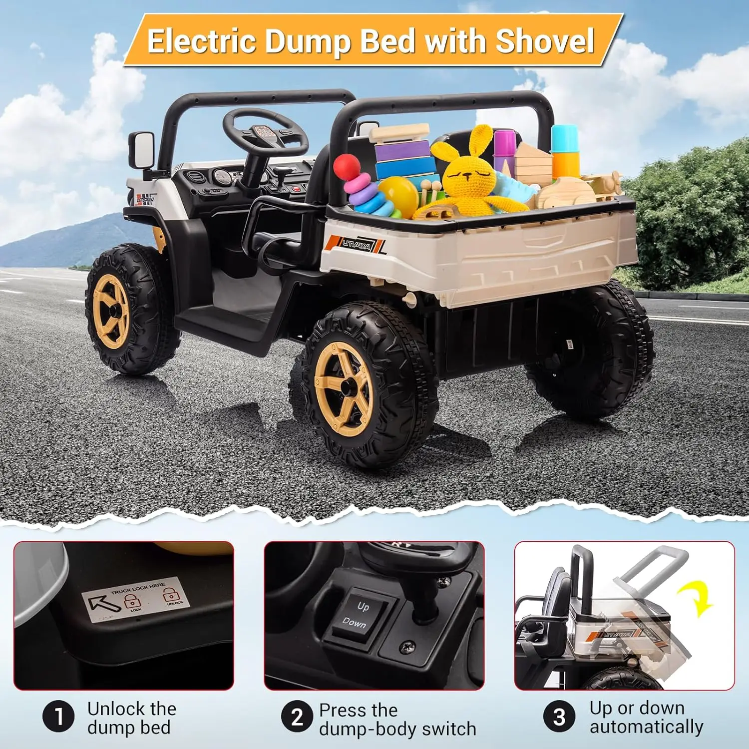 24V 2-Seater Ride on Dump Truck Kids Ride on Car Toys w/Remote Control LED Lights and Music 4WD Electric Vehicle for Boys Girls