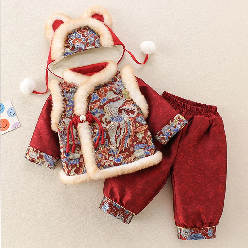 

Комплект для фотосессии на 100 дней малыша: детский костюм Тан (рубашка, брюки, шапка) из 3 предметов для мальчиков и девочек, зимний, в китайском традиционном стиле Ханьфу