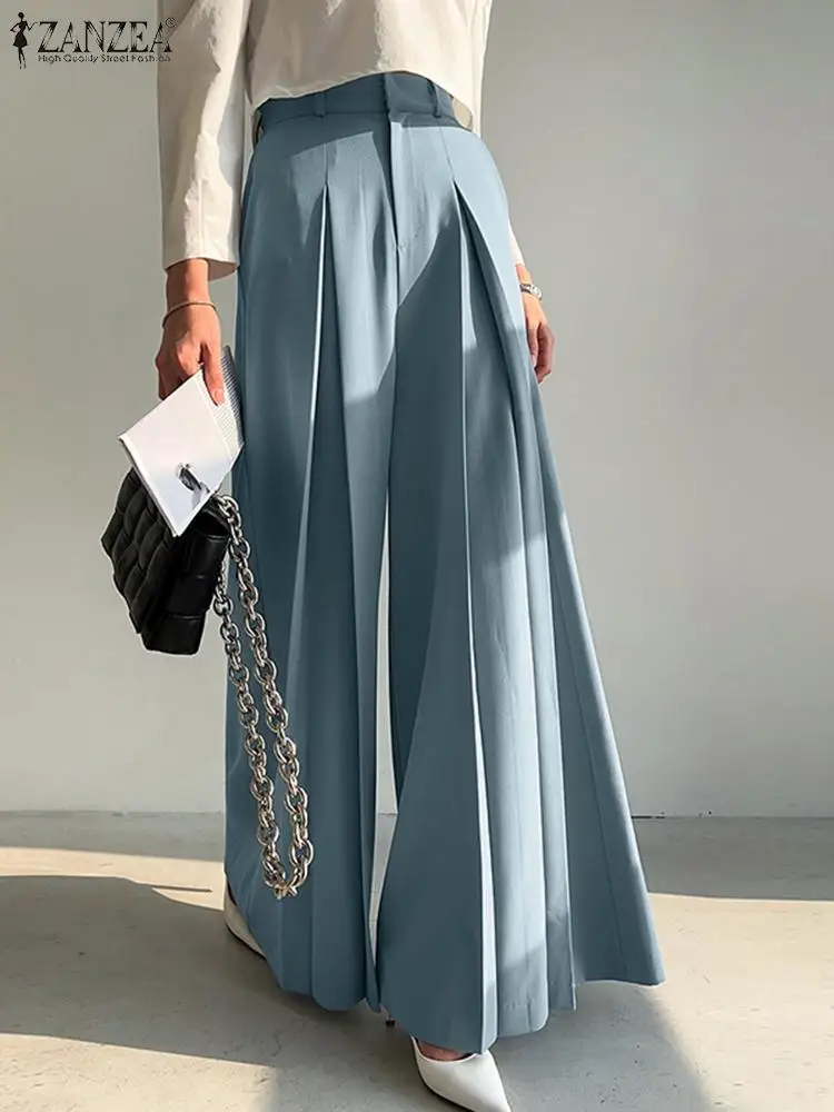 ZANZEA Vintage Pleated Trousers Women High Waist Baggy Pants Elegant Loose Wide Leg Pantalon Streetwear Palazzo Fashion Palazzo