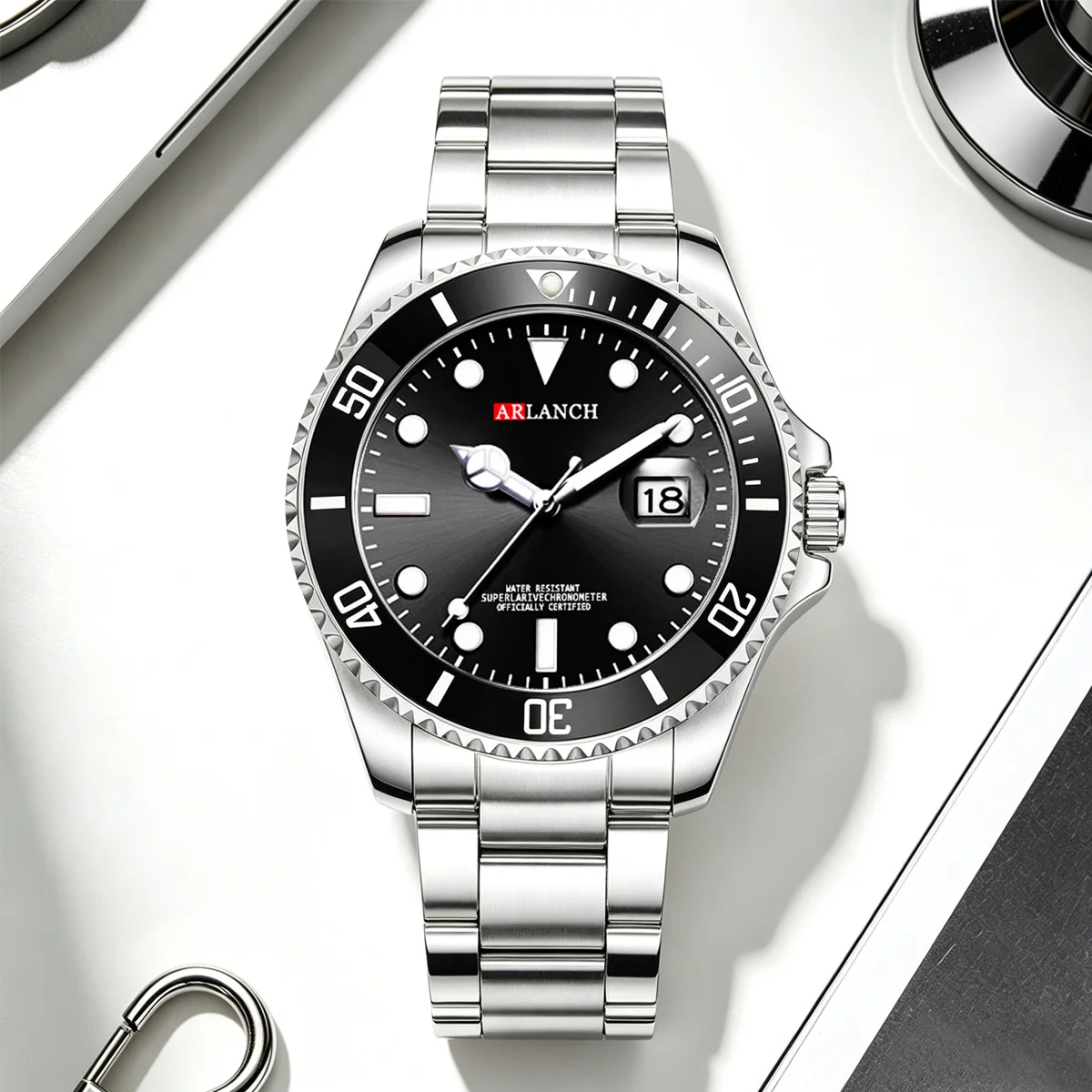 

Business Stainless Steel Watch 40mm Classic Red Blue Circle Diving Series Magnifying Glass Calendar Quartz Watches montre homme