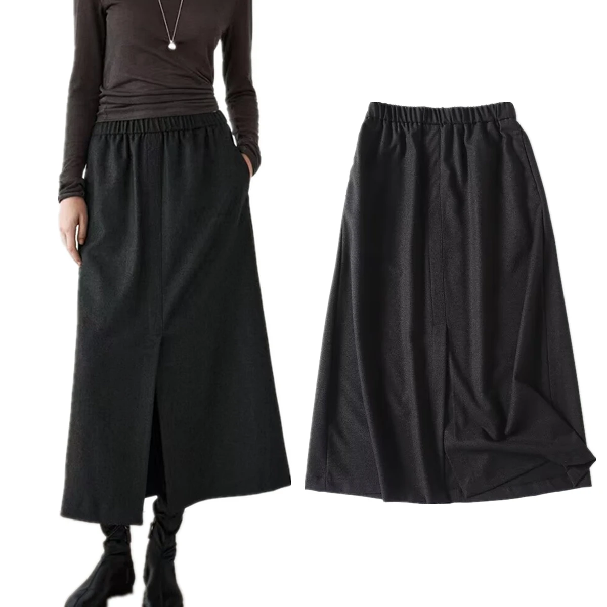 Dave&Di Minimalist Women's Commuting Dark Gray Straight Leg Split Skirt Retro Elegant Solid Color Midi Skirt Women