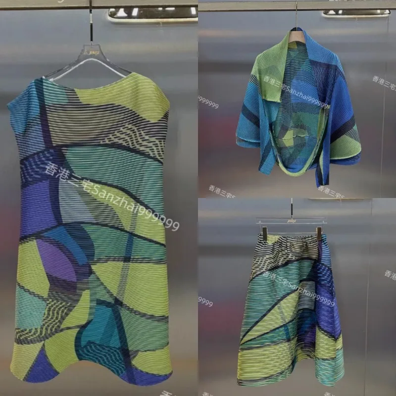 

Женская плиссированная футболка с длинными рукавами и принтом Miyake, осень 202, элегантный комплект миди свободного кроя, большие размеры, шаль с эластичной резинкой на талии