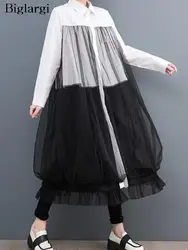 Oversized Autumn Shirt Long Dress Women Mesh Patchwork Long Sleeve Ladies Dresses Fashion Casual Loose Dress Woman 2023