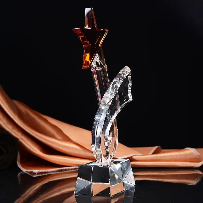 Red Five-pointed Star Crystal Trophy Hollowed-out Geometric Medal Customize Competition Prizes Decorative Figurines Home Decor