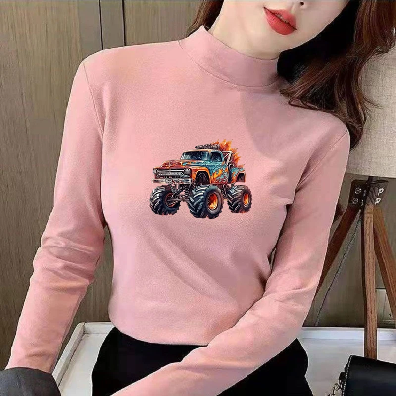 2026 New Autumn Winter Thermal Brushed Fleece Long Sleeve Graphic Print T shirt Blouses Female Warm Shirt Women Top
