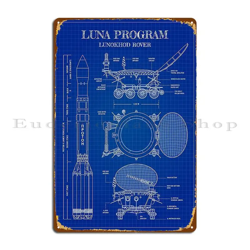 Luna 17 Mission Lunokhod Moon Rover Blueprint Vertical Metal Plaque Poster Wall Cave Create Print Wall Cave Tin Sign Poster