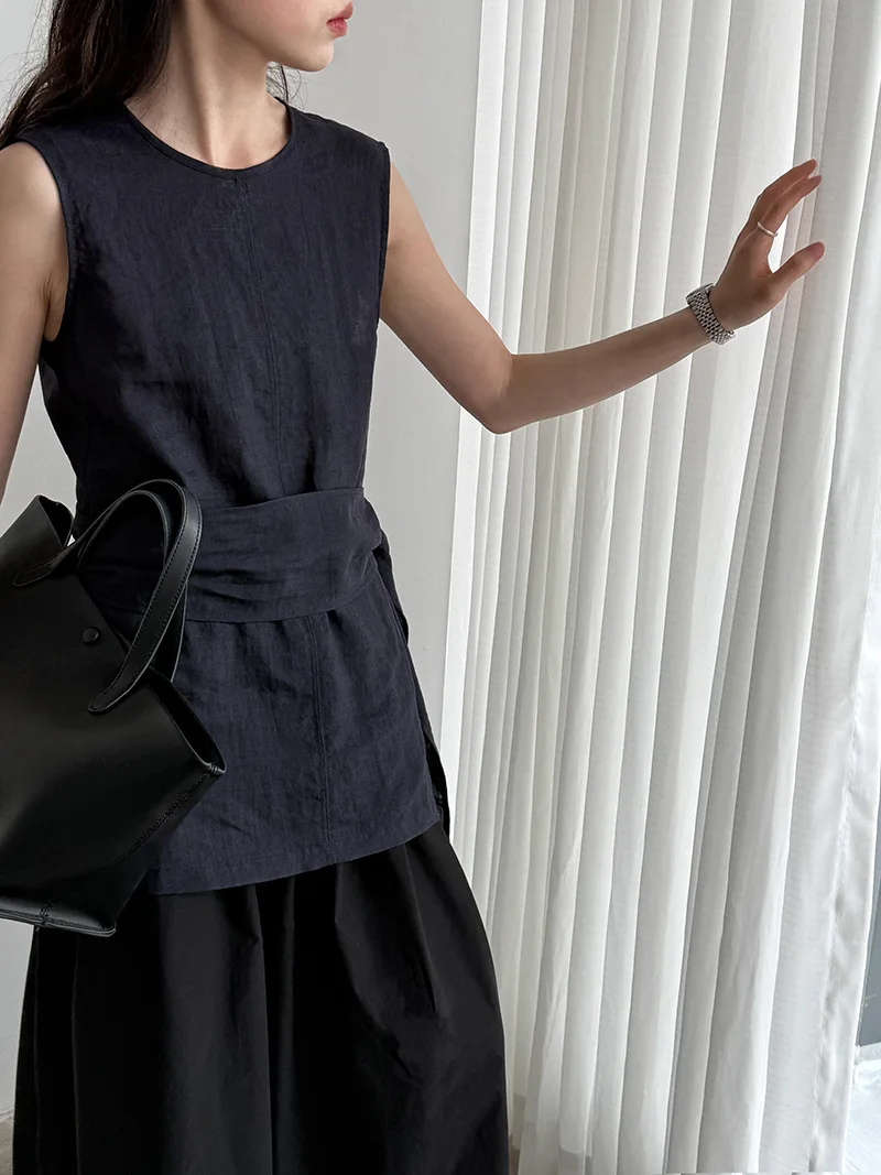 

Ramie Korean style sleeveless women's shirt, waist cinched and tied shirt, women's summer new breathable shirt top