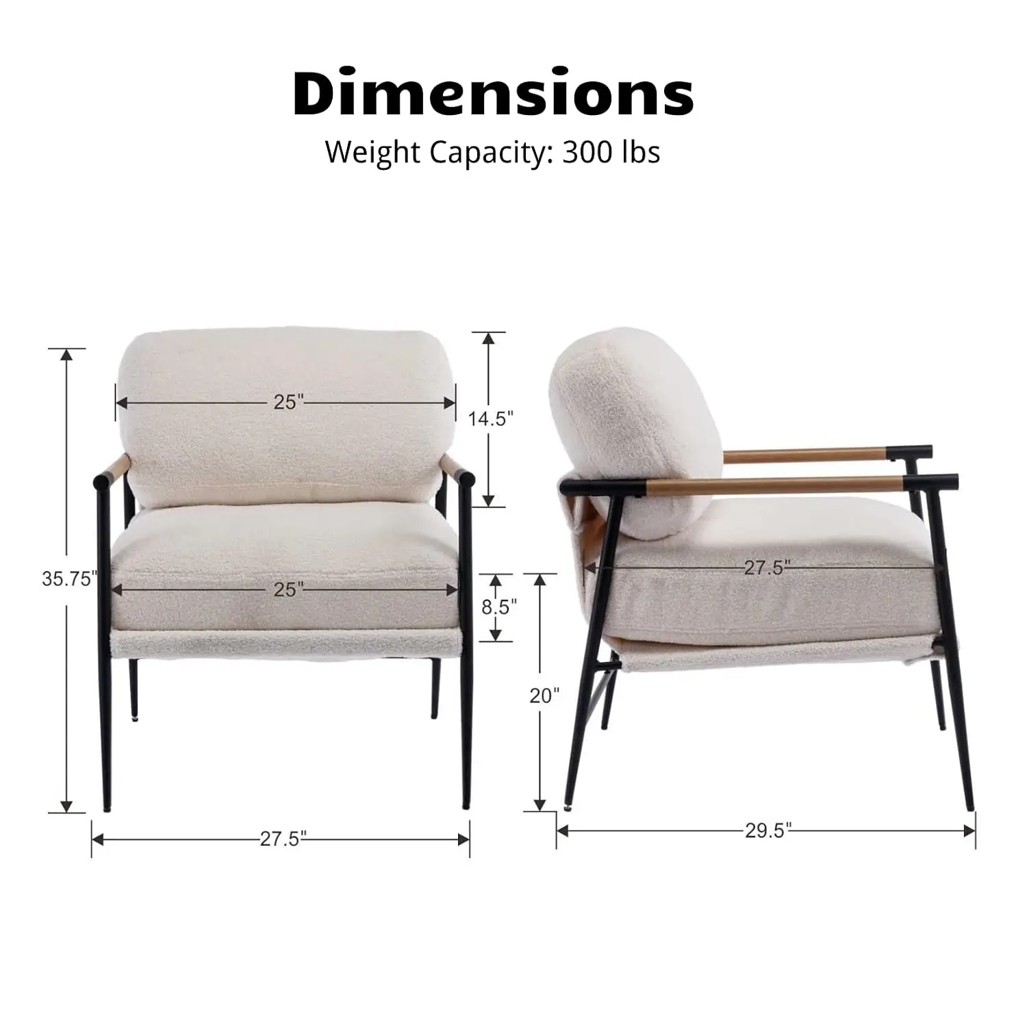 Modern Accent Armchair Sherpa Upholstered Metal Frame Thick Cushion Living Room Bedroom Balcony White 1PC, Customized