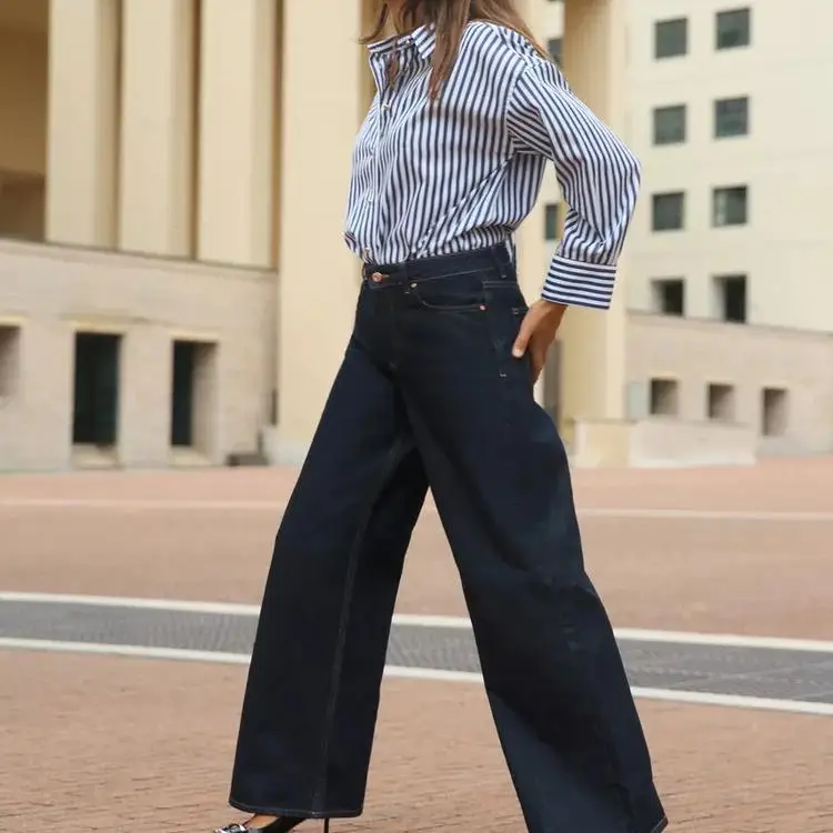 Autumn Winter New Arrival Women's Casual Loose Long Sve  Collar Striped irt Versatile Basic Fit for Young Women 25-29