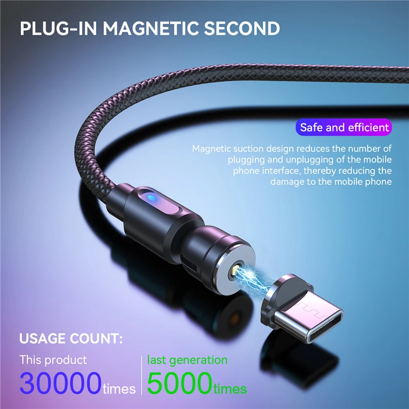 Magnetic Cable Type C Micro USB Cable Phone Charger 540 Degree Rotating Data Cable With LED For iPhone Xiaomi Huawei Samsung