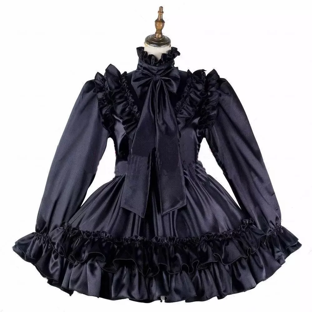 

Sexy sissy French maid black satin lockable ruffle edge dress maid cosplay costume customizable