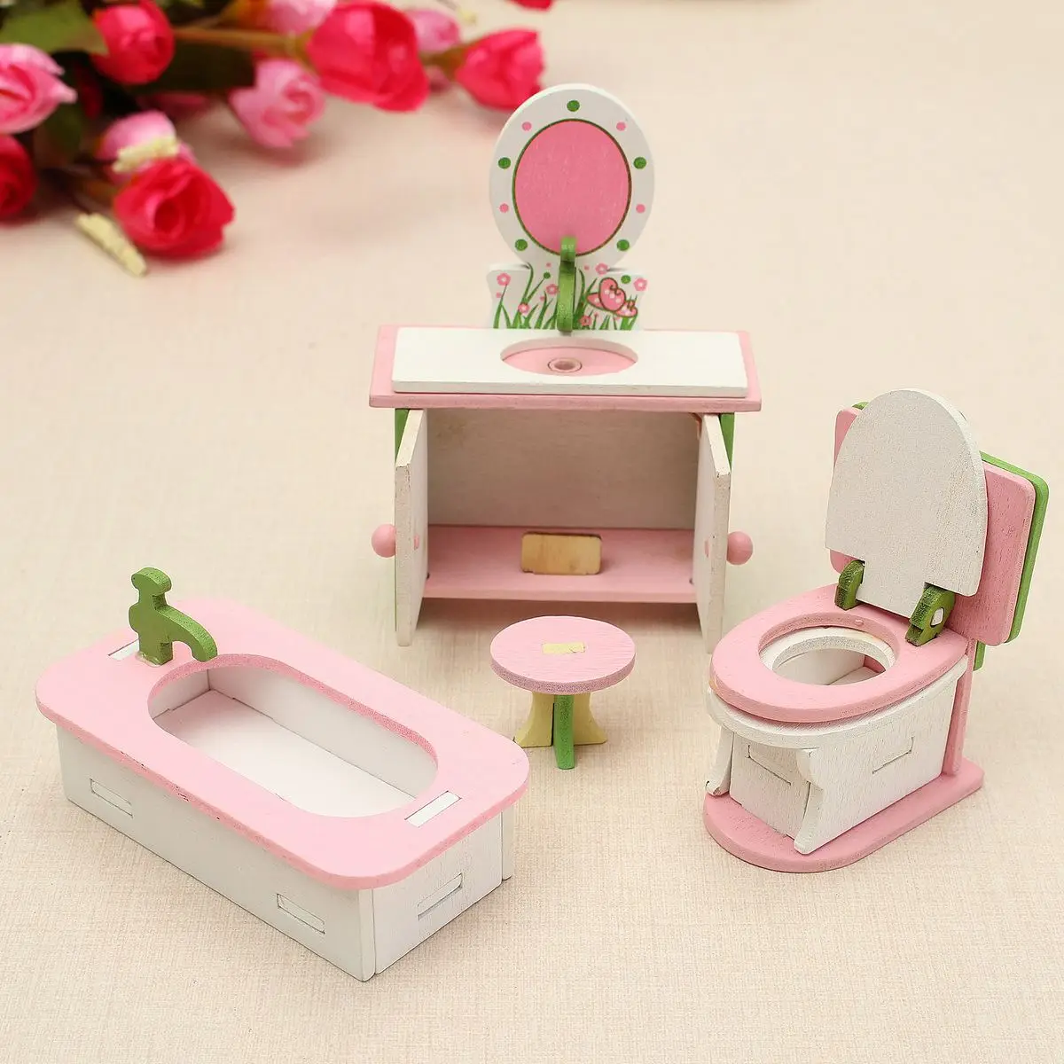 4 Set Wooden Dollhouse Miniature Furniture Puzzle Model Children Kids Toys