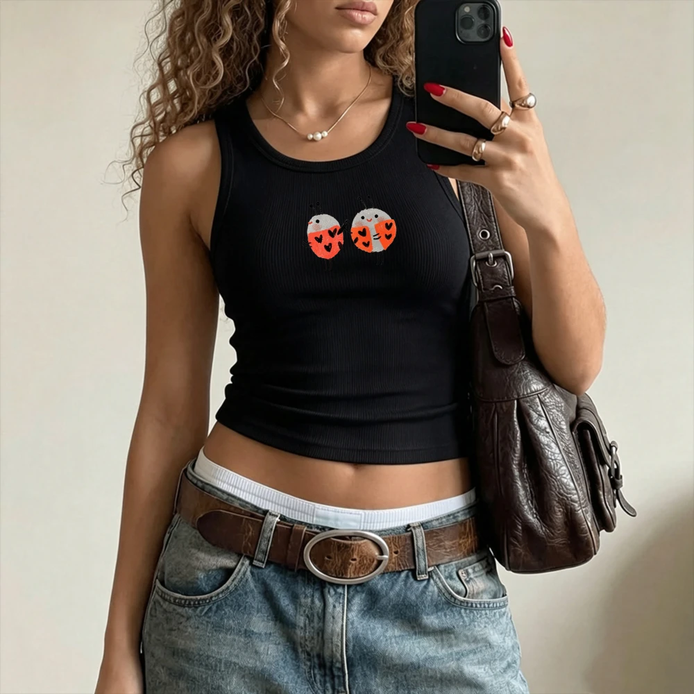 Two Heart Spot Ladybugs Funny Cartoon Y2K Top Camisole Ribbed Tank Tops Slim Fit Crop Top Sleeveless Crew Neck Cropped Cami Vest