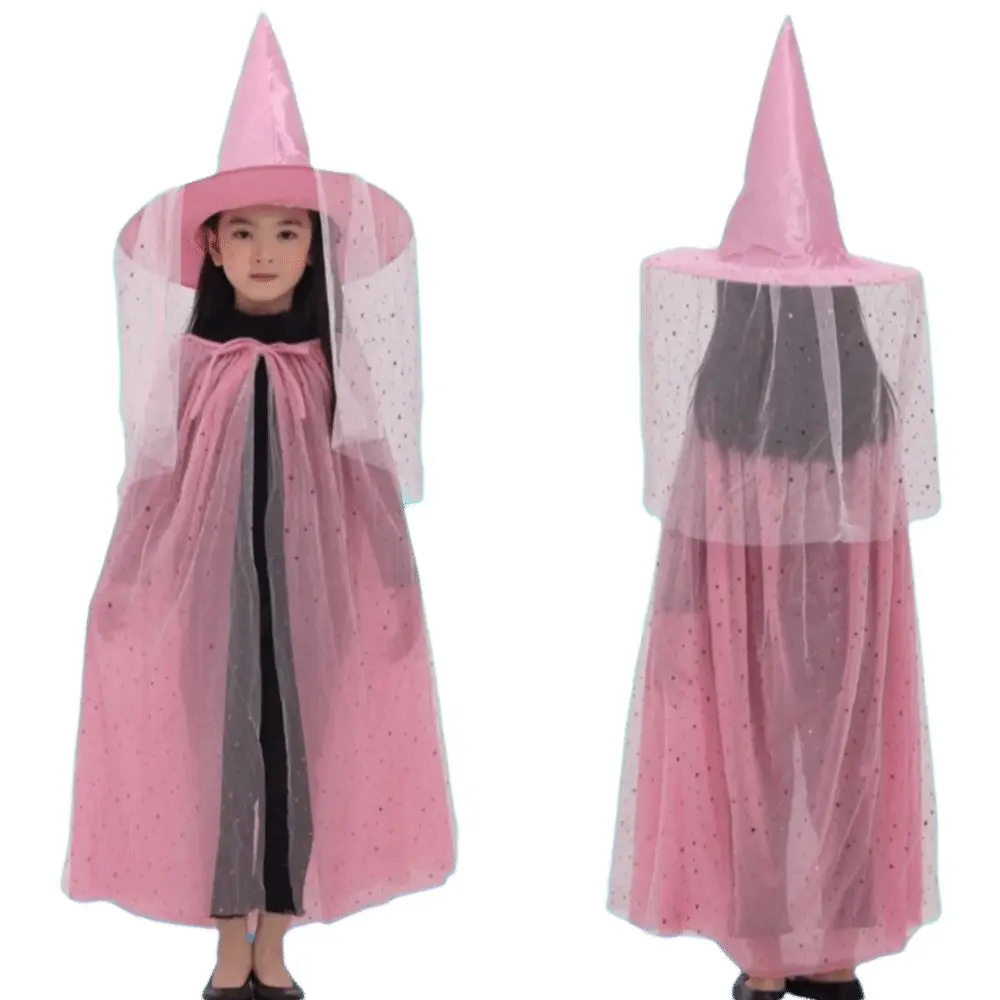 Creative Double Layer Halloween Cloak with Hat Robe Mesh Halloween Children Costume Cosplay Star Cape Hat Set Performance