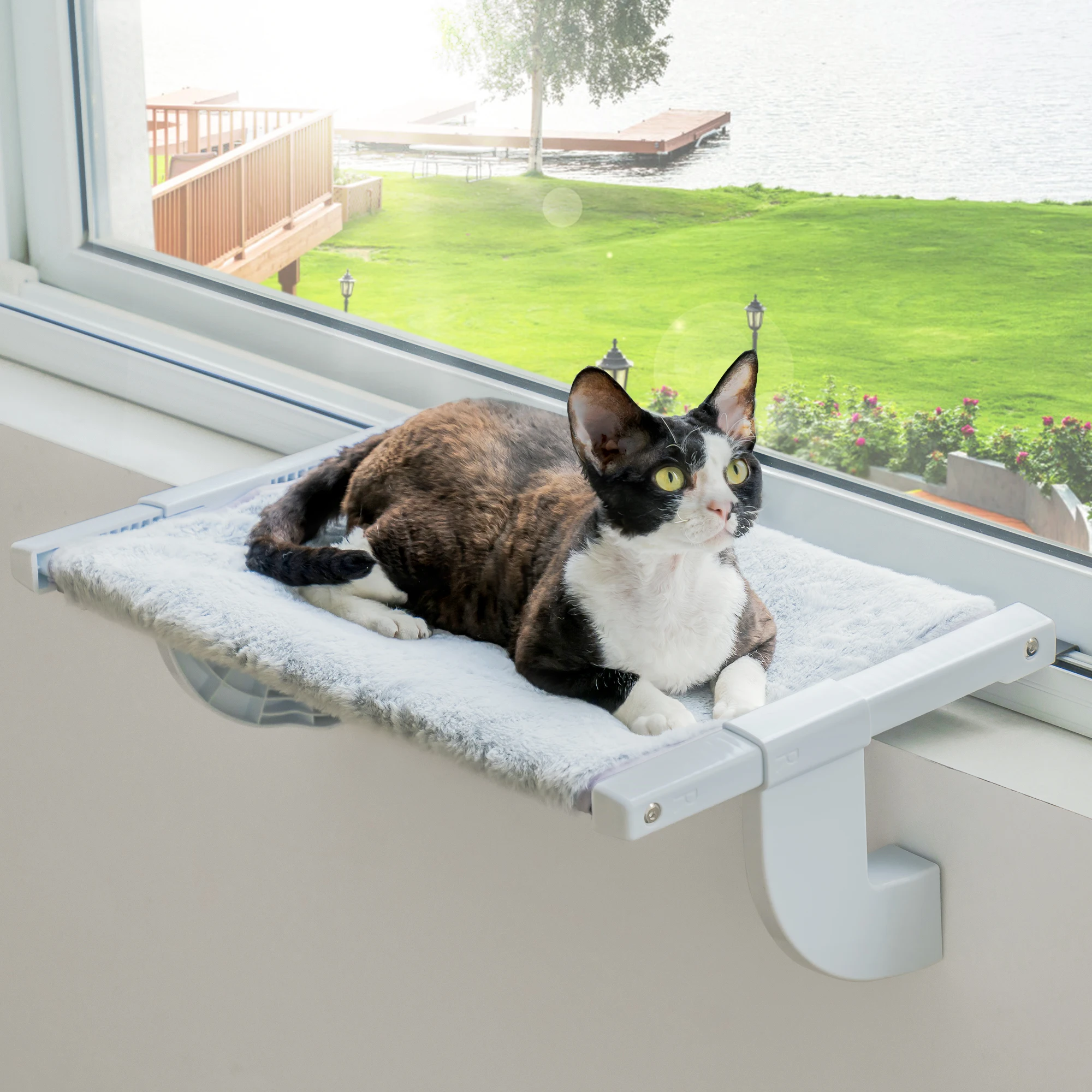 MewooFun-Adjustable Large Cat Window Perch Hammock, Pet Lying Seat, 2-sided Cushion, Holding Up to 18kg