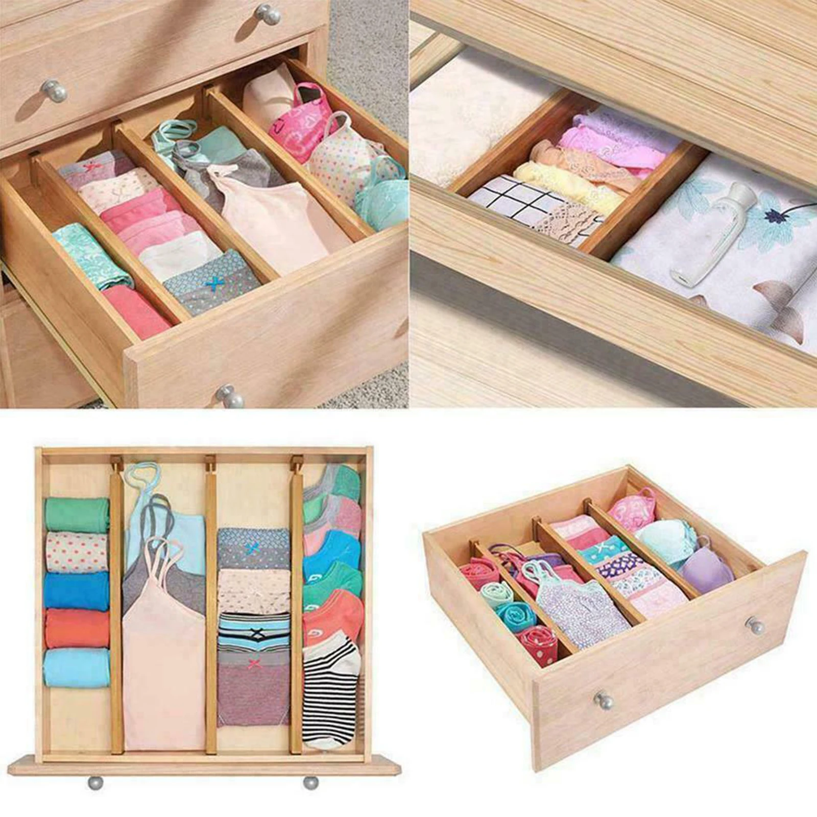 Adjustable Bamboo Drawer Dividers Organizers, Spring Loaded Expandable Kitchen Drawer Separators Wooden Drawer Organization