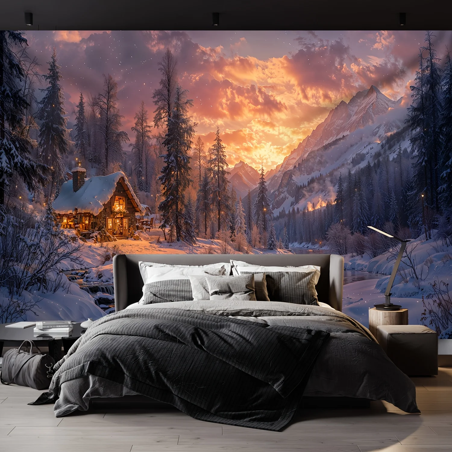 Large Printed Winter Tapestry Wall Hanging Mountain Cabin Sunset Scene Nordic Forest Alpine Home Decor Print