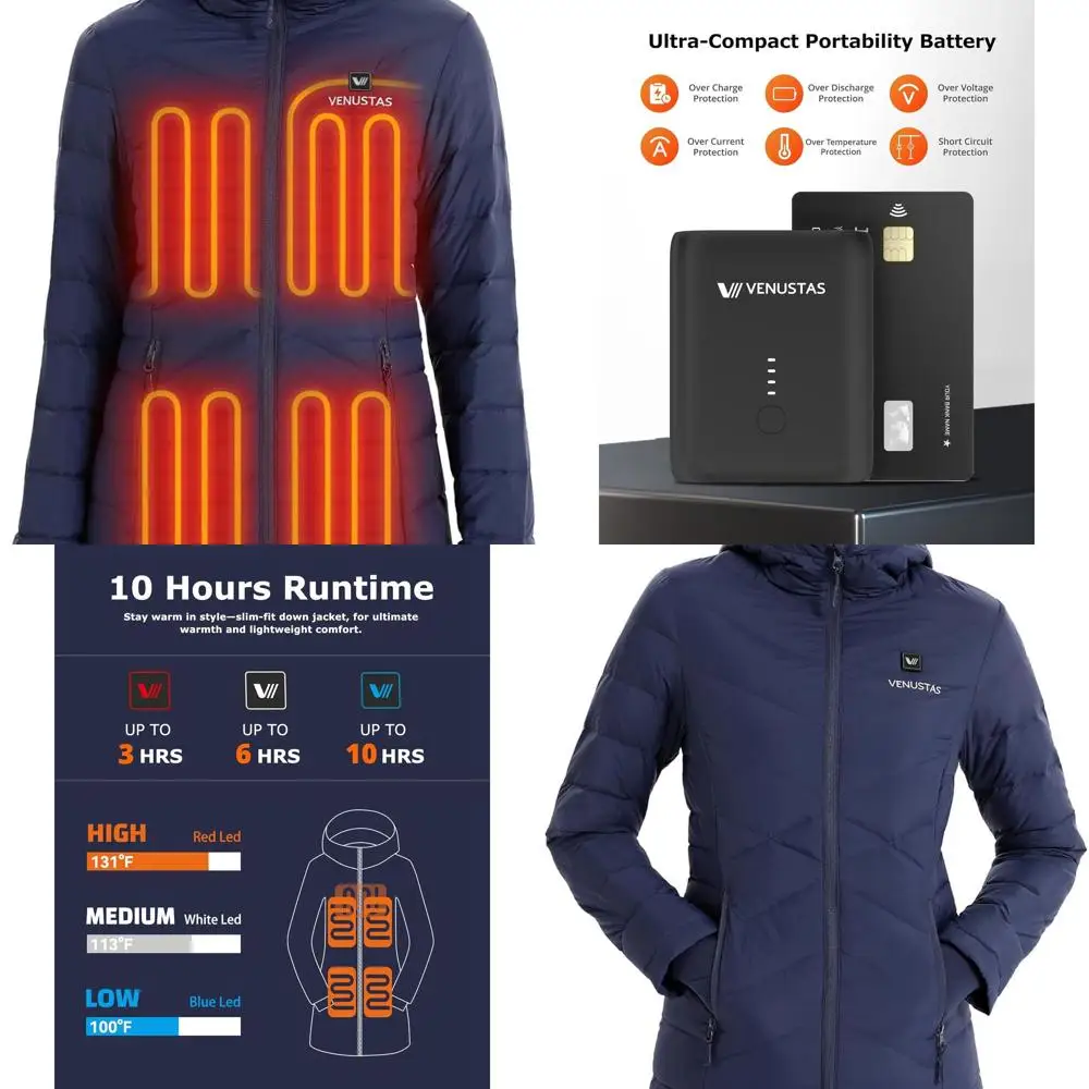 

Venustas Женский длинный пуховик с подогревом и батареей, стеганая куртка-пуховик с подогревом из 90% утиного пуха для кемпинга, катания на лыжах