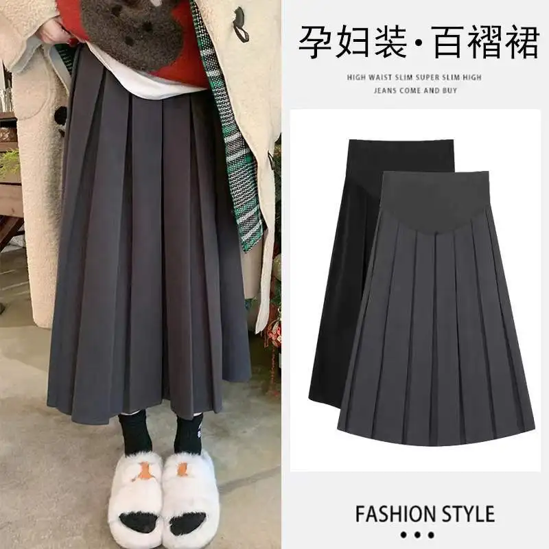 2024 spring fashion pregnant women leisure midi skirts high waist maternity belly skirts long slim pregnancy pleated skirts