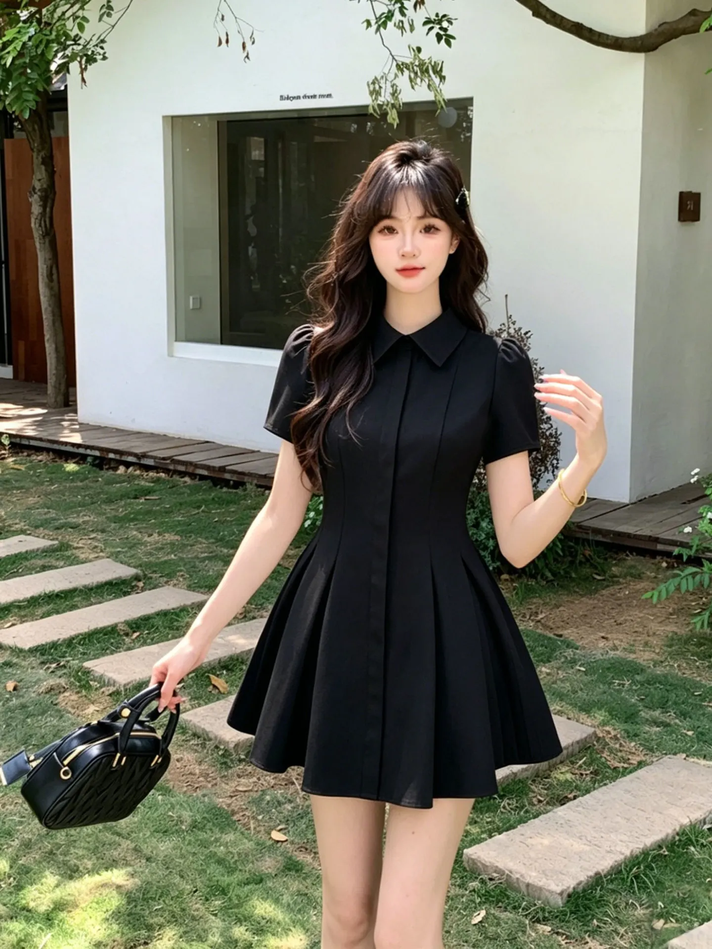 Summer 2026 Women's Simple Style  Collar Slimming Design Sensation Age Reduction Waist Cinching Dress Polyester Fiber