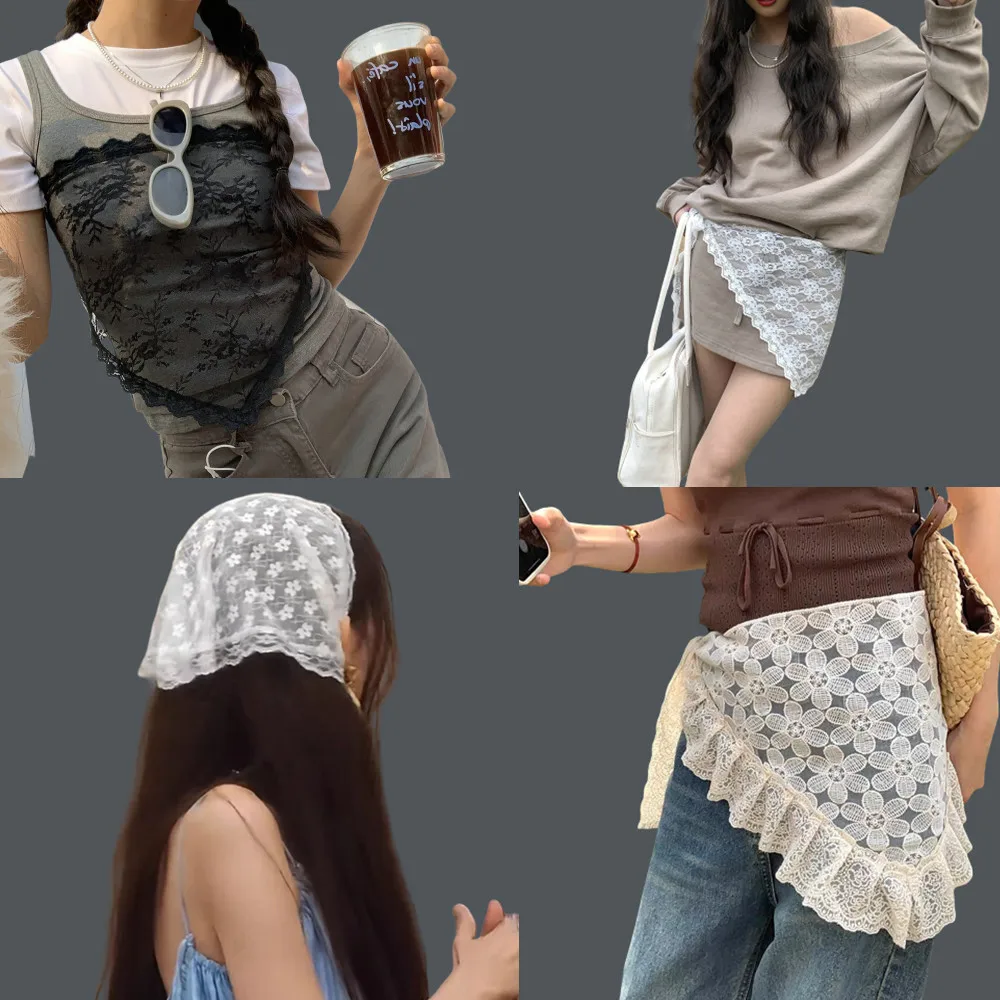 

Double-use Lace Trim Hair Scarf Early Spring Butt Curtain Small Apron A-Line Half Skirt Fashion Ins Style Stacked Short Skirts