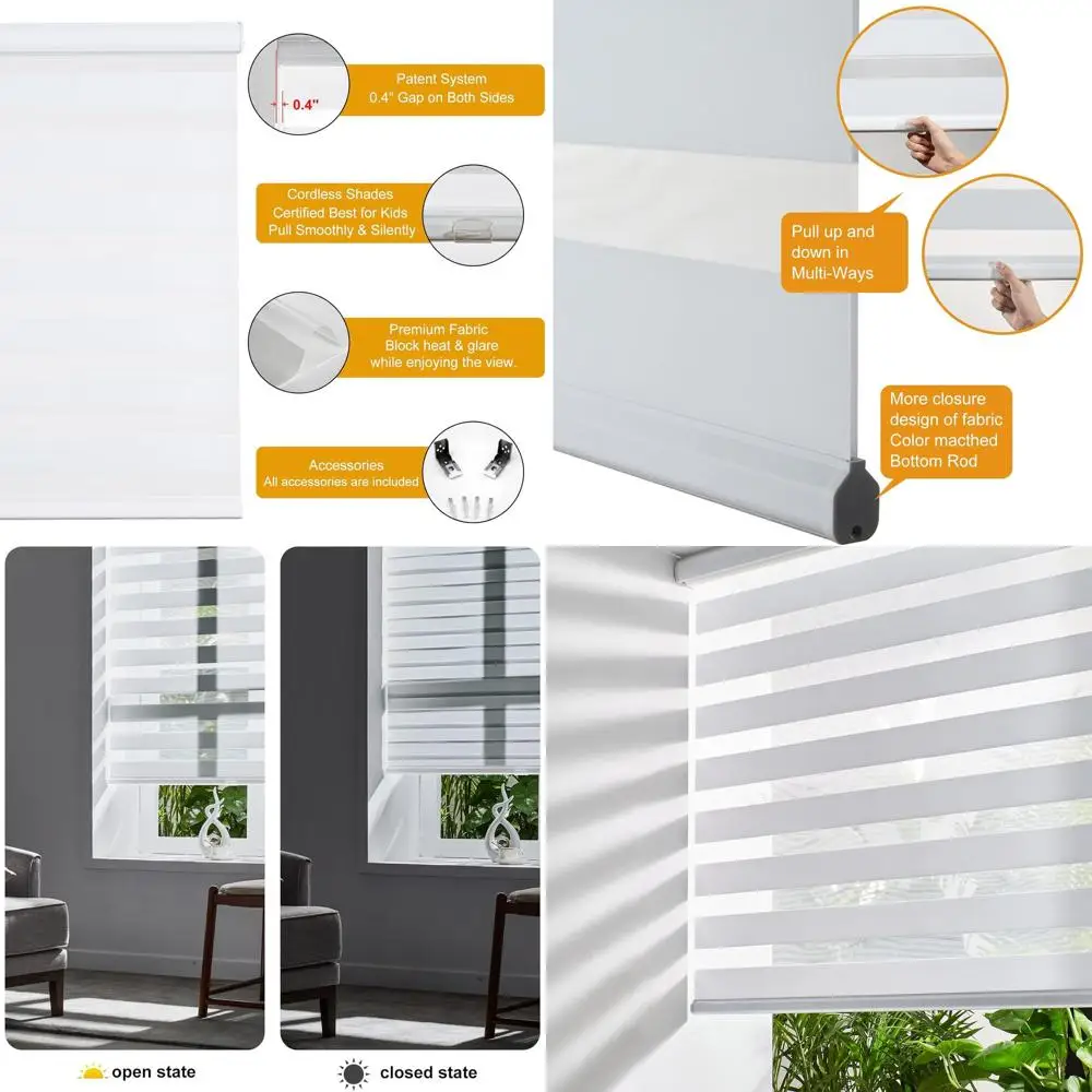 

Беспроводные двухслойные шторы свободного остановки (30 x 64) — белые, управление освещением днем и ночью, фильтрующая обработка прозрачных окон