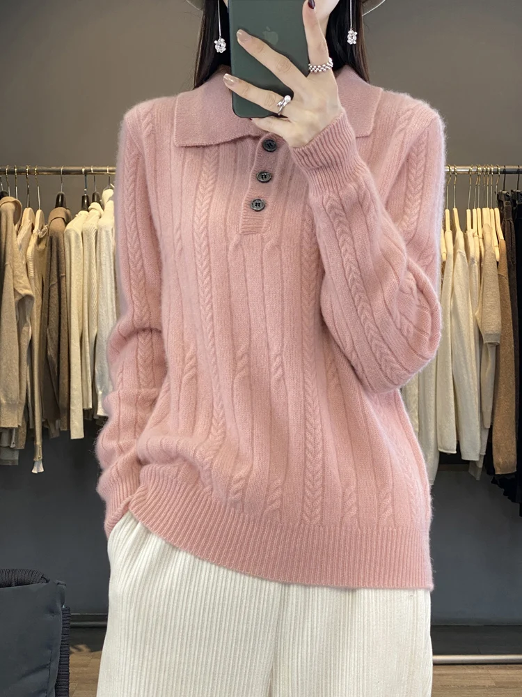 Autumn/Winter 2024 Women's 100% Merino Wool Sweater Polo Neck Slim Fit Thick Knit Pullover Casual Fried Dough Twists Top