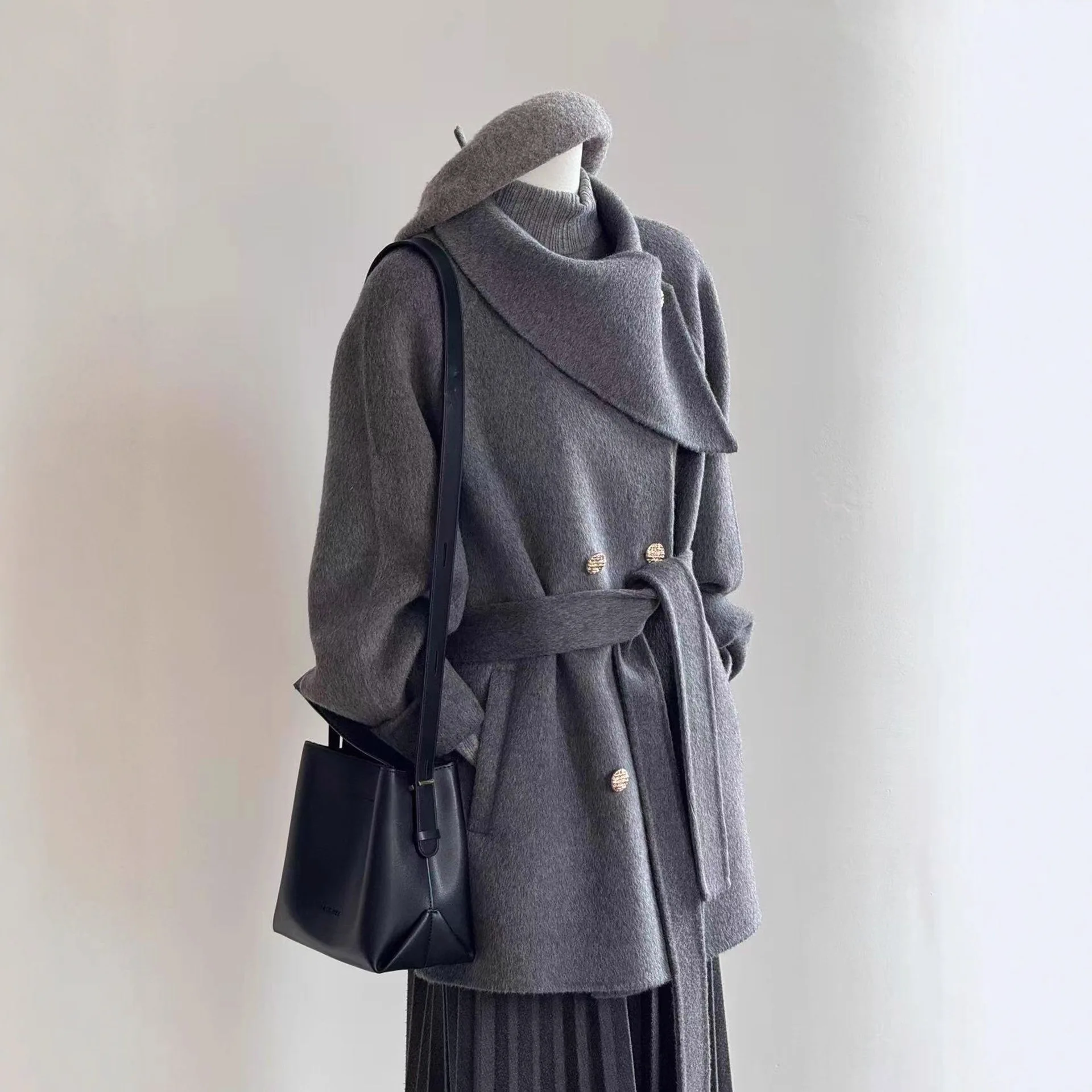 

SuperAen Autumn and Winter 2025 New Korean Style Mid-length Woolen Coat for Women Double Breasted Lace-up Jackets