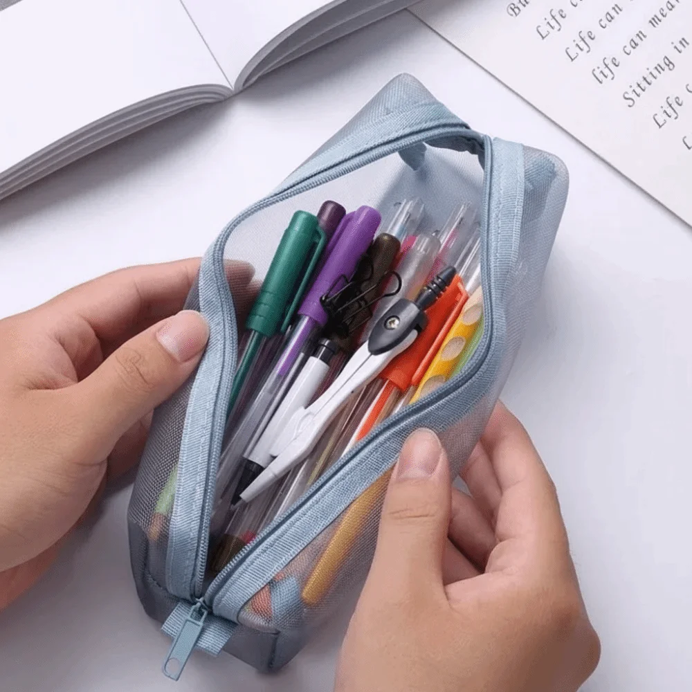 New Translucent Mesh Pencil Bag Storage Bag Multicolor Pencil Pouch Large Capacity Stationery Bag Art Supplies