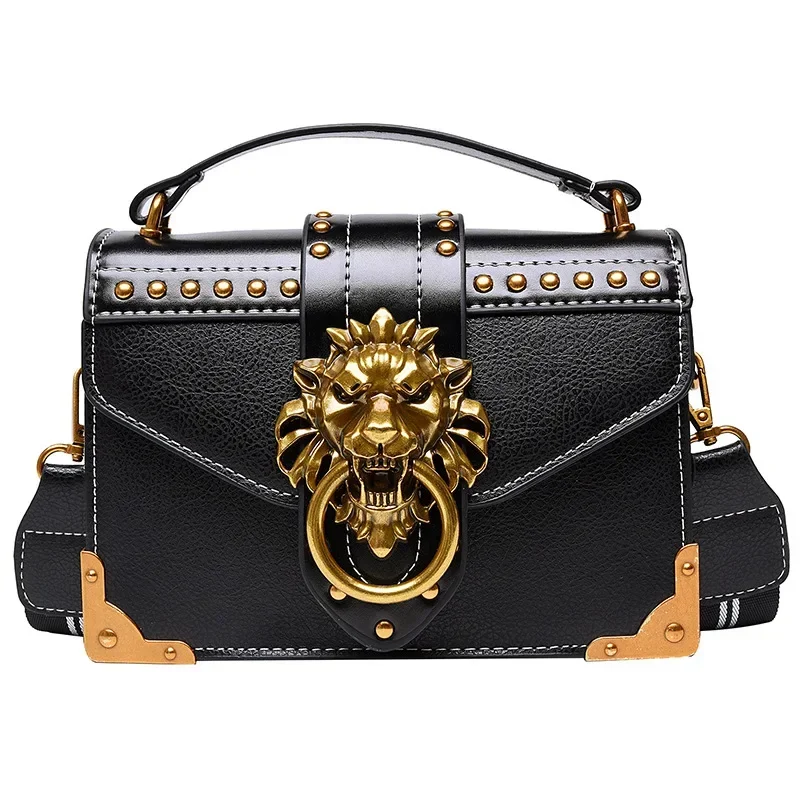 Retro Women\'s Fashion Handbag Messenger Bag Metal Lion Head Brand Shoulder Bag Mini Square Storage Bag