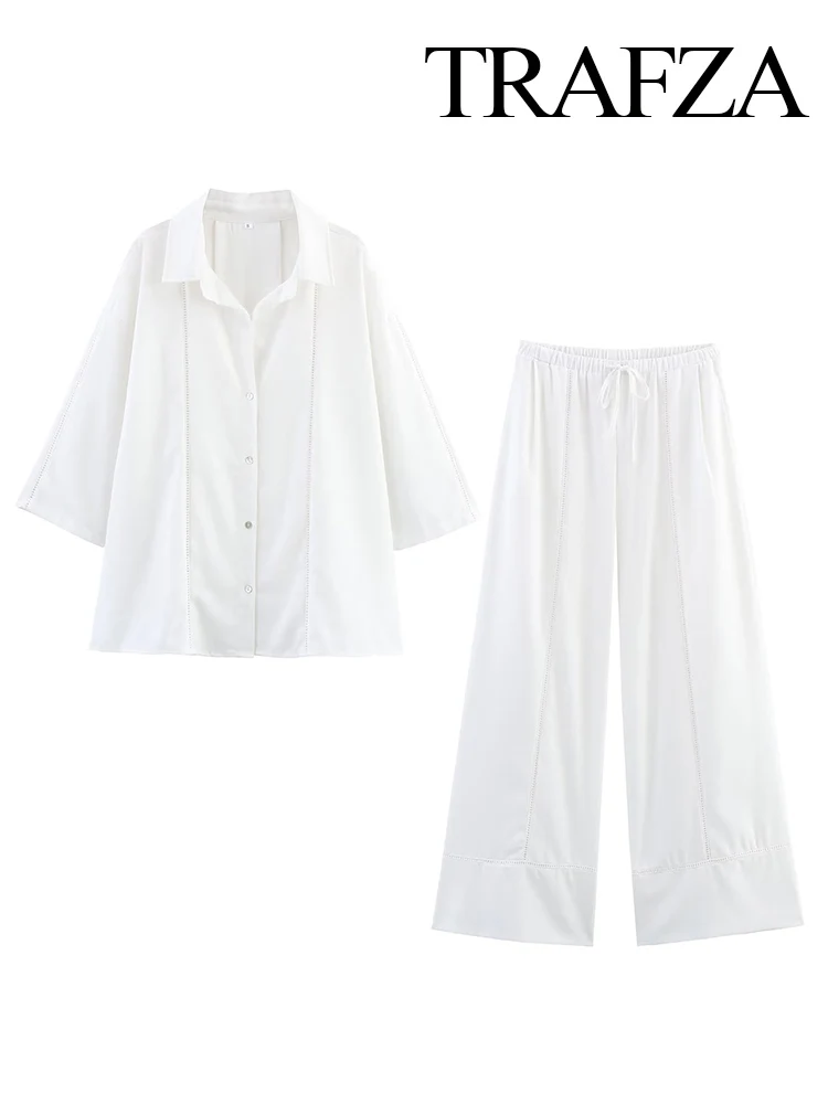 

TRAFZA Women Pants Suit Lapel Single-Breasted Hollow Decoration Casual Shirt Top+High Waist Draw Rope Loose Slim Wide-Leg Pants